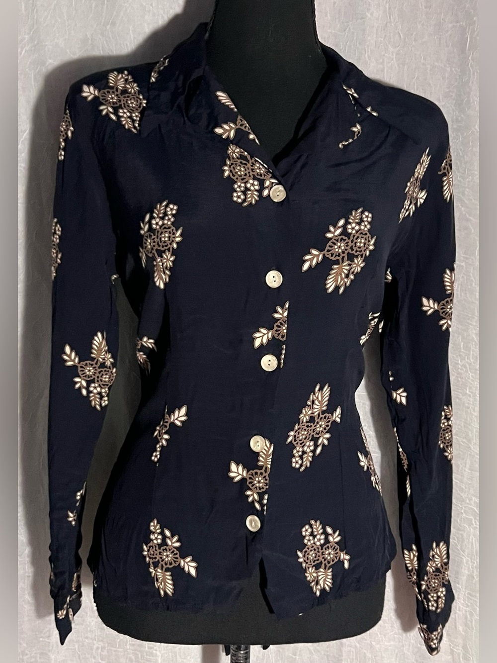 Vintage Black & tan Floral Button-Up Blouse with shoulder pads